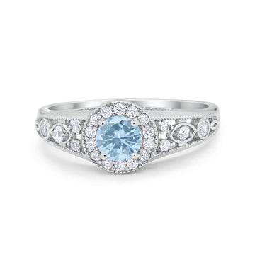Vintage Style Engagement Ring Halo Simulated Aquamarine CZ 925 Sterling Silver